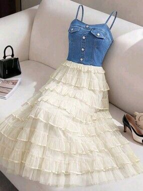 Women's Patchwork Multi-Layer Ruffle Hem Elegant Spaghetti Strap Denim Dress